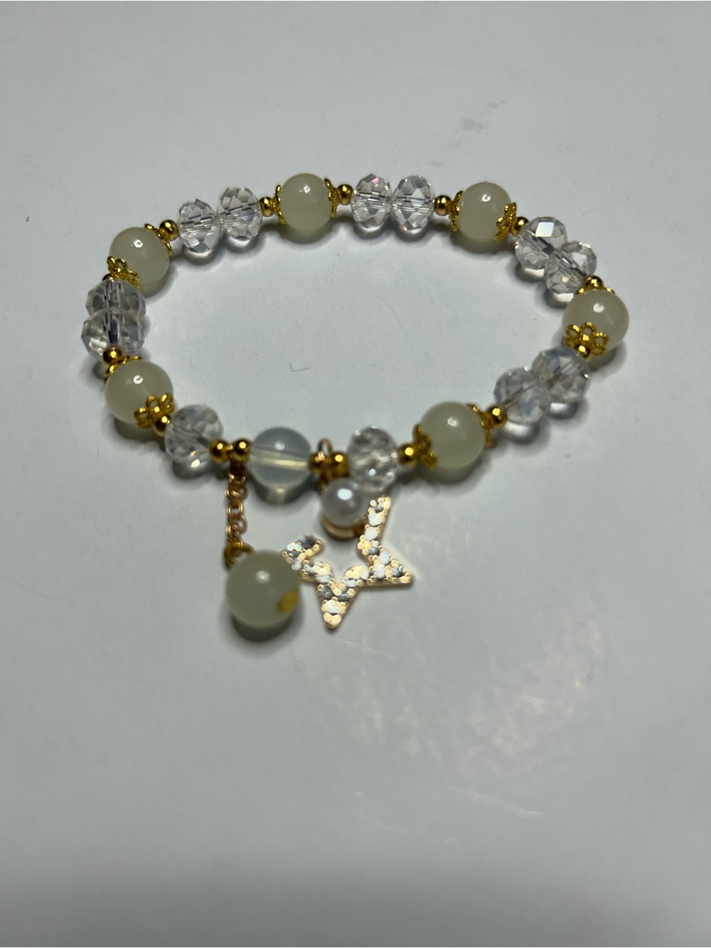 Delicate Gold Star & Crystal Beaded Stretch Bracelet - Cream/Clear